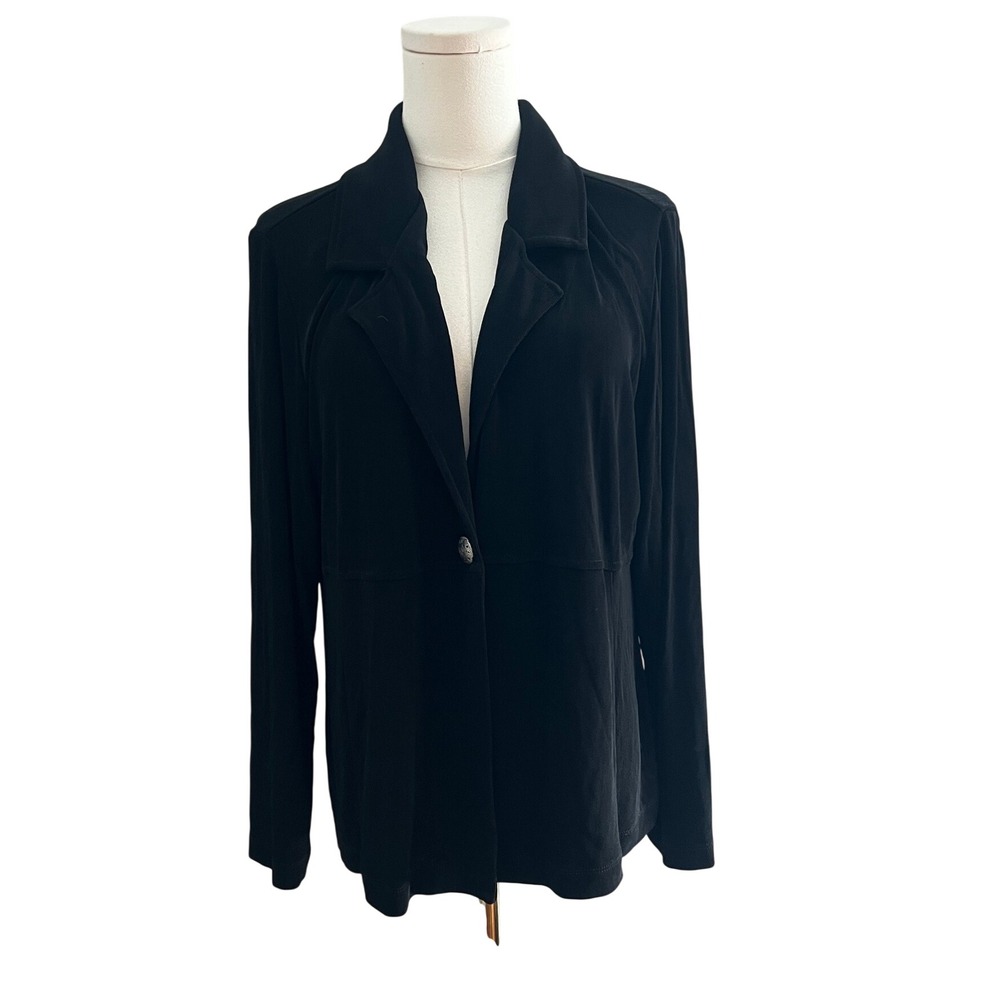 Chico's Travelers Slinky Knit Blazer Jacket Womens Size 2 L Black Professional